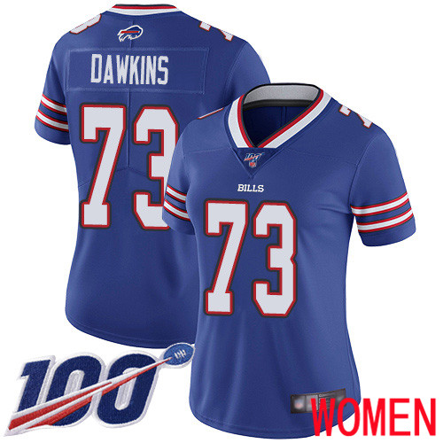 Women Buffalo Bills #73 Dion Dawkins Royal Blue Team Color Vapor Untouchable Limited Player 100th Season NFL Jersey